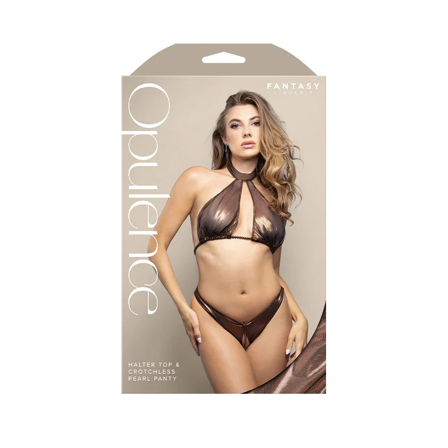 OPULENCE Halter Top & Crotchless Pearl Panty ML - Chocolate - M/L Size
