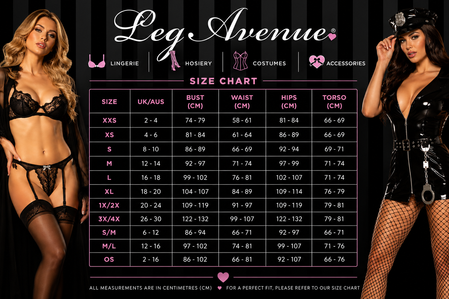 A size chart graphic for Leg Avenue lingerie, featuring a central size table with bust, waist, hips, and torso measurements, flanked by two female models wearing black lingerie on a black background.