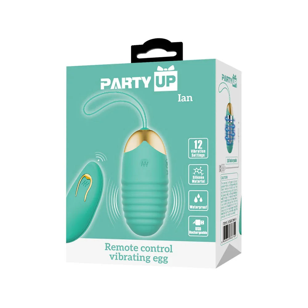 Party Up IAN Remote Egg - Teal - Teal USB Rechargeable Vibrating Egg with Wireless Remote - Take A Peek