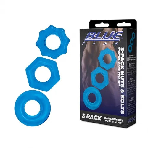 Blue Line 3-Pack Nuts & Bolts Stretch Cock Ring Set - Take A Peek