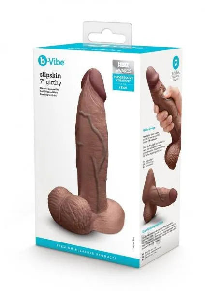 B-Vibe Slipskin Realistic Silicone Dildo- 7" Girthy Brown - Take A Peek