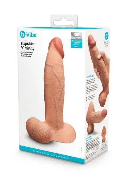 B-Vibe Slipskin Realistic Silicone Dildo- 9" Girthy Mocha - Take A Peek