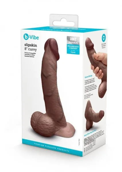 B-Vibe Slipskin Realistic Silicone Dildo-8" Curved Brown - Take A Peek