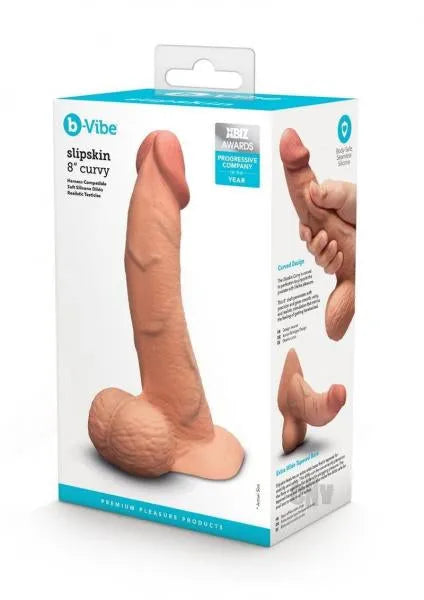 B-Vibe Slipskin Realistic Silicone Dildo-8" Curved Mocha - Take A Peek