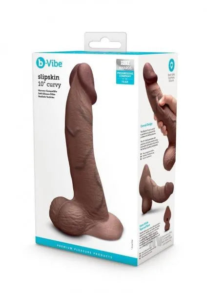 B-Vibe Slipskin Realistic Silicone Dildo-10" Curved Brown - Take A Peek