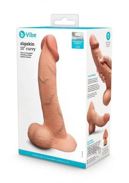 B-Vibe Slipskin Realistic Silicone Dildo-10" Curved Mocha - Take A Peek