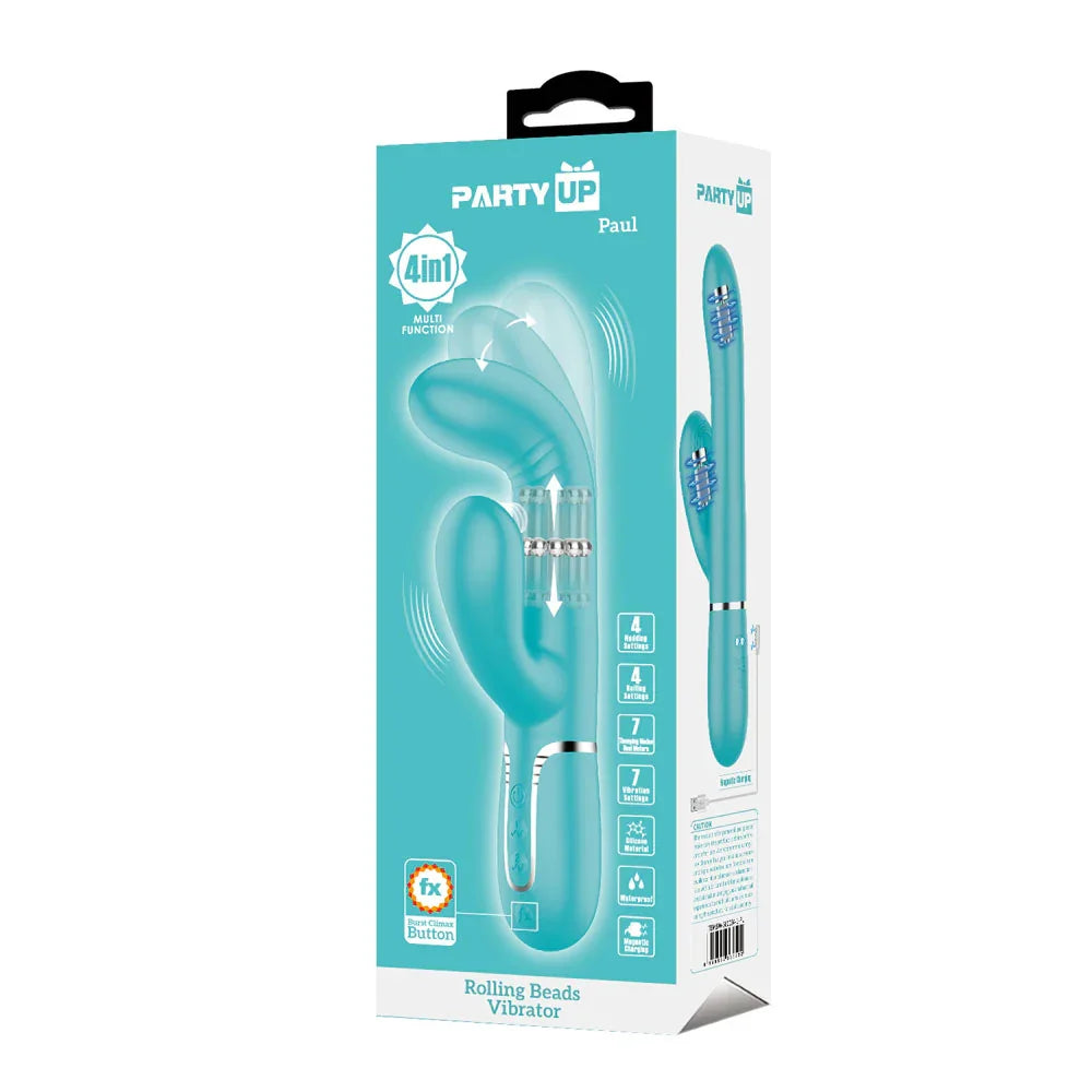 Party Up PAUL Rolling Beads Vibrator - Teal - Teal 22.6 cm USB Rechargeable Thrusting Rabbit Vibrator - Take A Peek