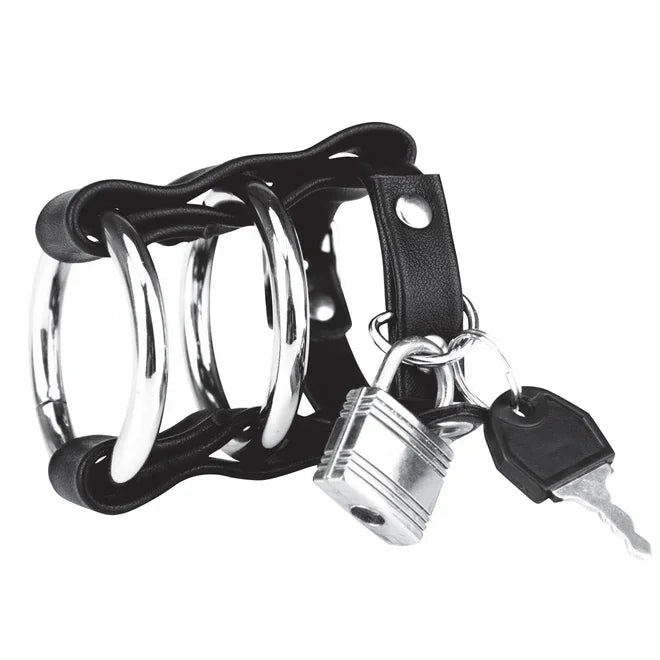 Blue Line DOUBLE METAL COCK RING WITH LOCKING BALL STRAP - Take A Peek