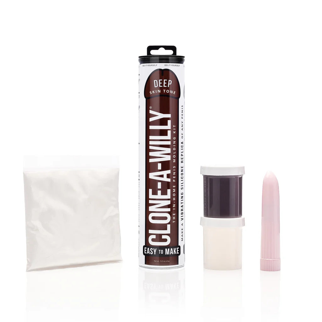 Clone-A-Willy product set with packaging, applicator, and other components on a white background