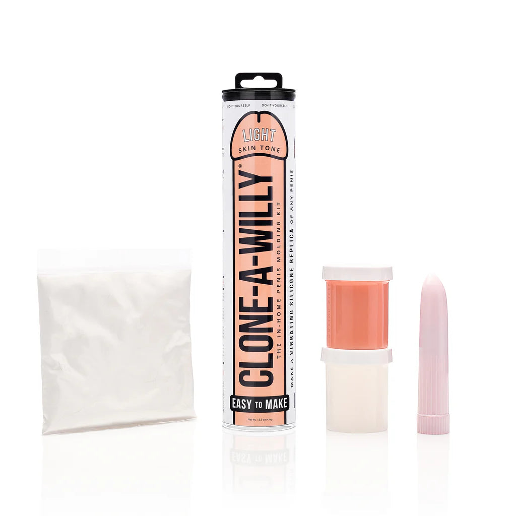 Clone-A-Willy product set with packaging, applicator, and sample on a white background