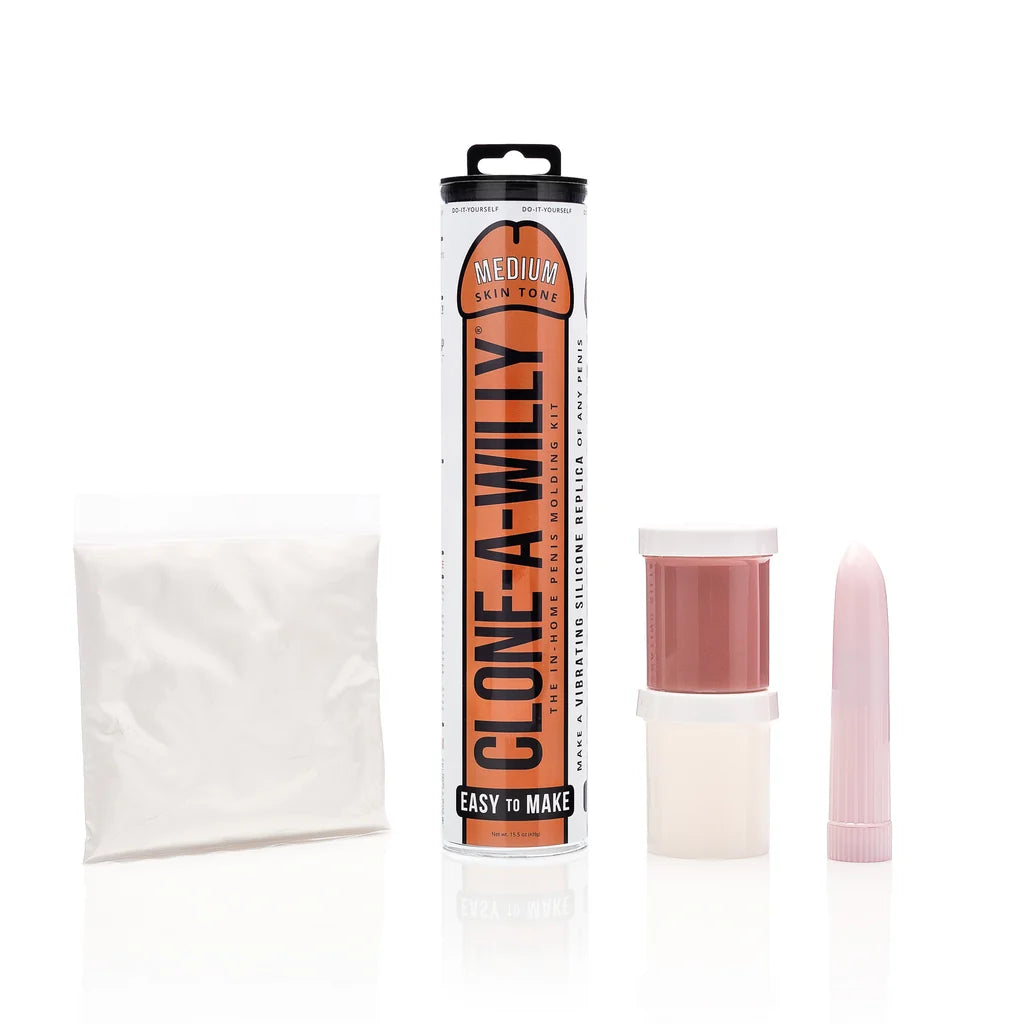 Clone-A-Willy product set with packaging, applicator, and sample on a white background