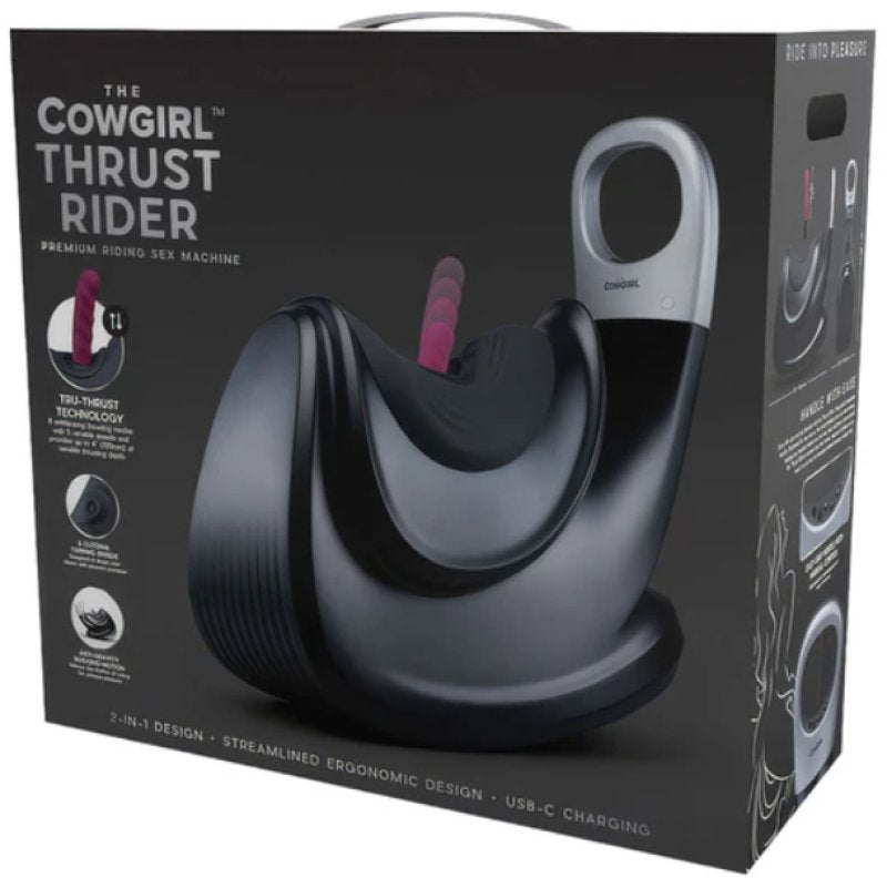 The Cowgirl Thrust Rider premium riding sex machine retail box, featuring a black and gray product image with pink accents on a black background.