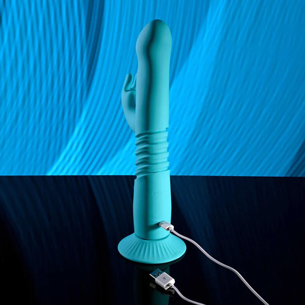 Evolved BUNNY HOP - Teal 25.1 cm USB Rechargeable Thrusting Rabbit Vibrator with Suction Base - Take A Peek