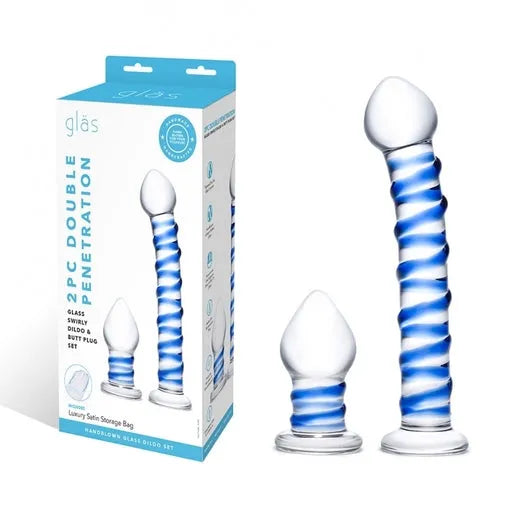 2Pc Double Penetration Glass Swirly Dildo & Glass Butt Plug Set - Take A Peek