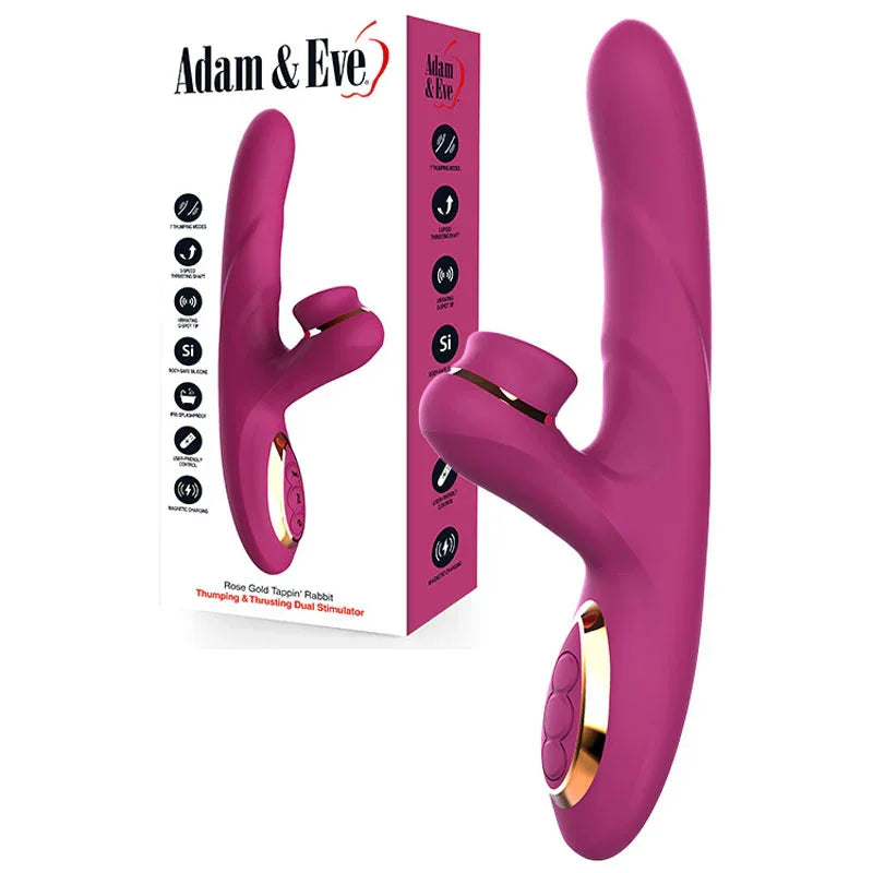 Adam & Eve ROSE GOLD TAPPIN RABBIT - 22.5 cm USB Rechargeable Tapping & Thrusting Rabbit Vibrator - Take A Peek