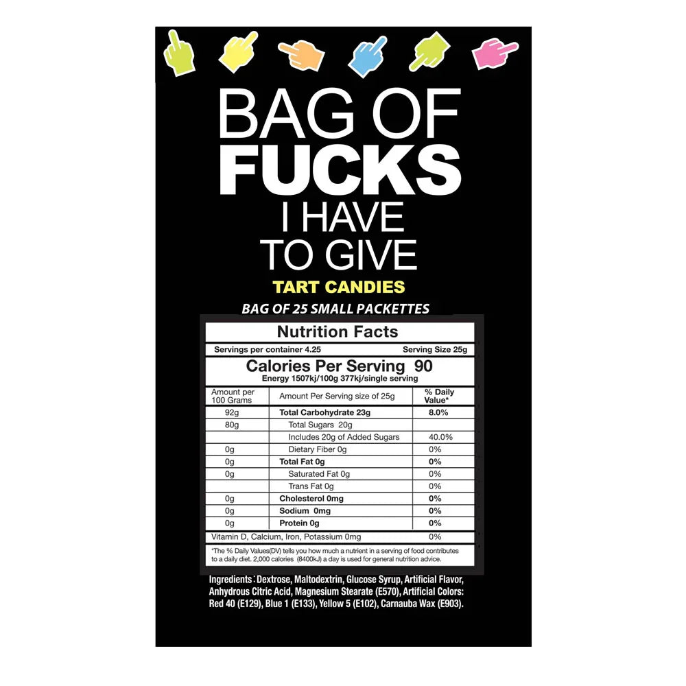 Bag Of Fucks I Have To Give - Bag of 25 - Fruit Flavoured Lollies - Bag of 25 Mini Packs - Take A Peek