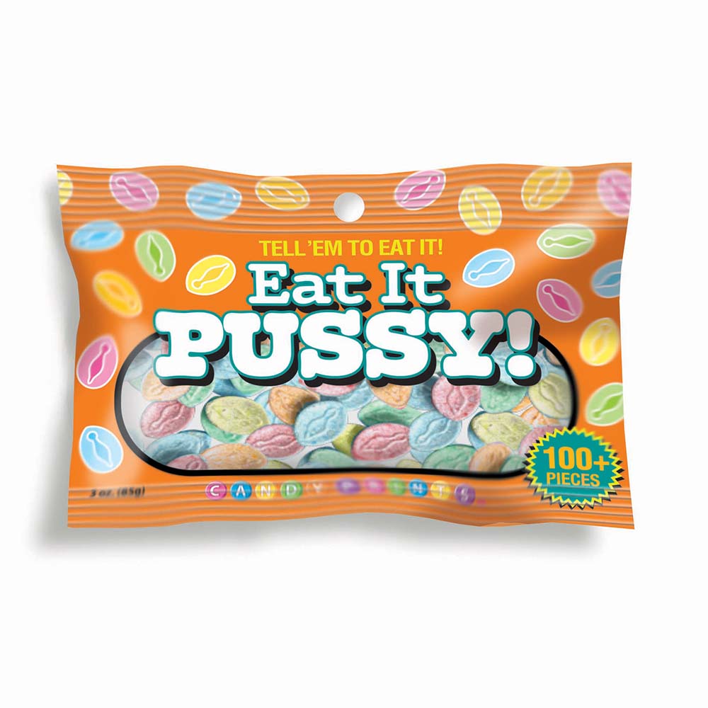 Eat It Pussy! Candy - 85 gram Bag - Novelty Flavoured Vagina Shaped Lollies - 85 gram Bag - Take A Peek