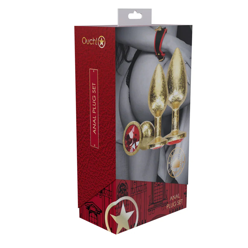OUCH! Milan Collection - Metal Anal Plug Set - Gold - Gold Butt Plugs with Gem Bases - Set of 3 Sizes - Take A Peek