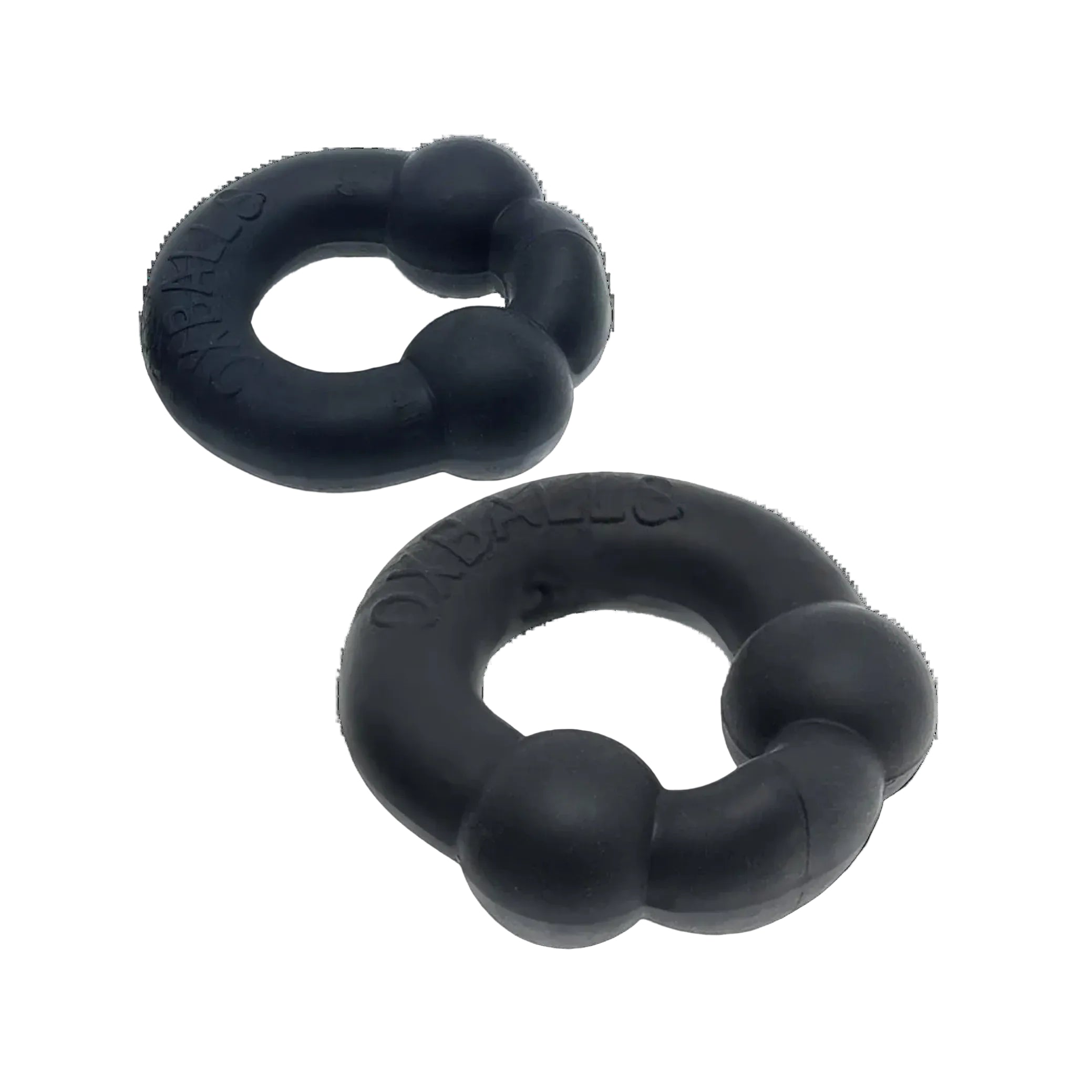 Two black silicone O'Naille dog toys with a textured, beaded ring design, shown on a clean white background.