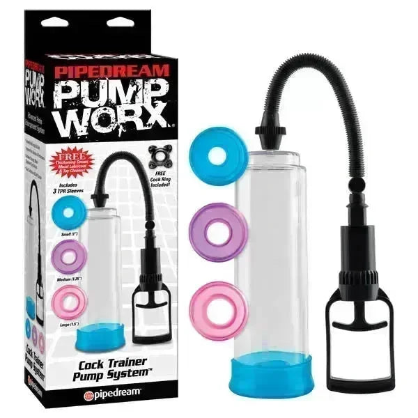 Pump Worx Cock Trainer Pump System - Clear Penis Pump with 3 Sleeves - Take A Peek