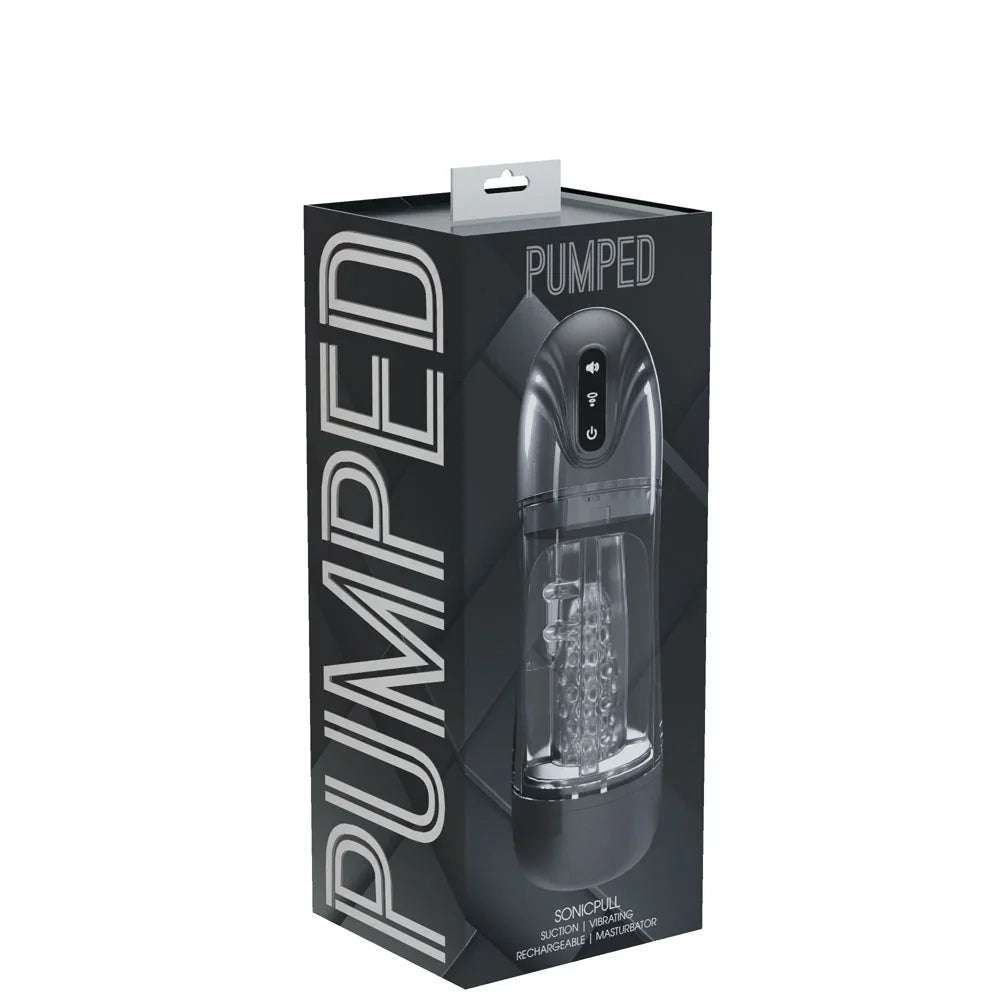 PUMPED SonicPull - Gunmetal - Gunmetal Grey/Clear USB Rechargeable Sucking And Vibrating Auto Masturbator - Take A Peek