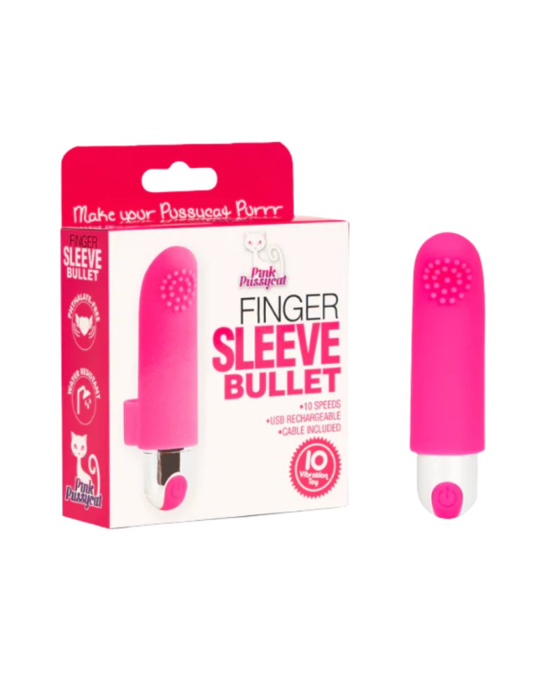 Pink Pussy-Boo-Phy Finger Sleeve Bullet personal massager shown next to its retail packaging box on a plain white background.