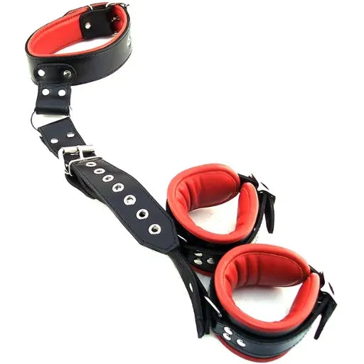 LEATHER NECK TO WRIST RESTRAINT - BLACK/RED - Take A Peek