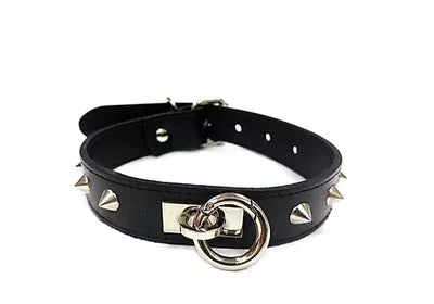 Leather O-Ring Studded Collar Black - Take A Peek