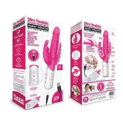 Rabbit Essentials Rechargeable Slim Double Penetration Rabbit - Hot Pink - Take A Peek