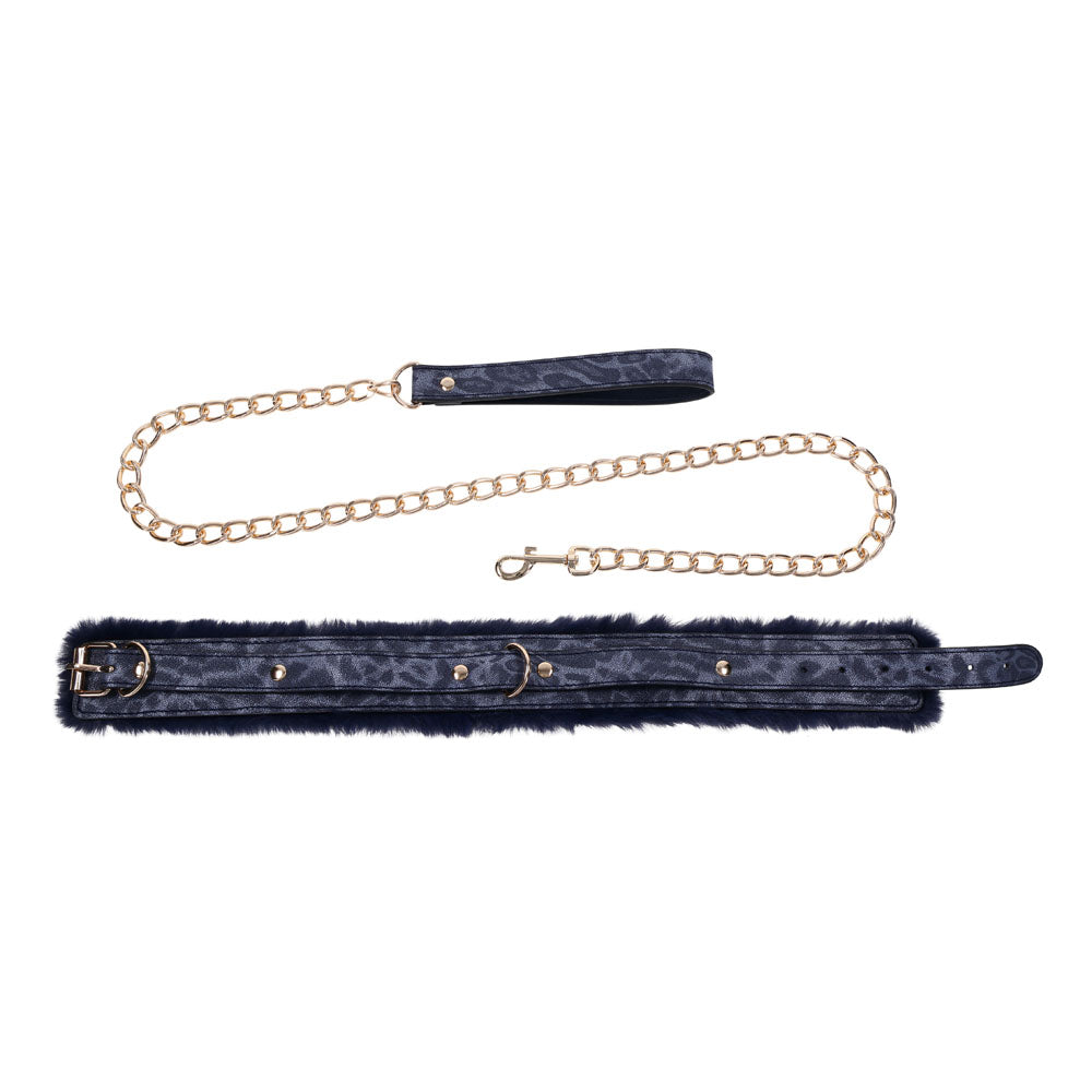 Sex & Mischief Cougar Fur Collar & Leash - Navy /Gold Furry Restraint - Take A Peek