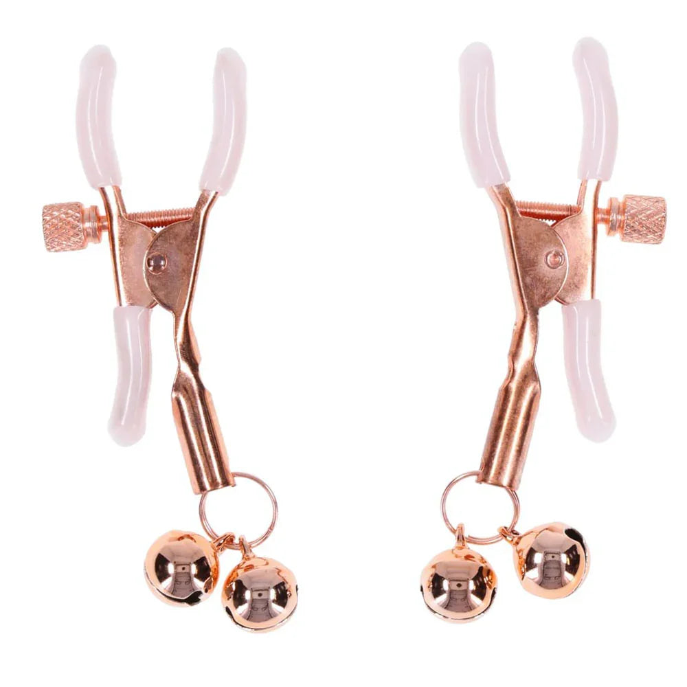 Sex & Mischief Peaches n CreaMe Bell Nipple Clamps - Peach/Rose Gold Nipple Clamps with Bells - Set of 2 - Take A Peek