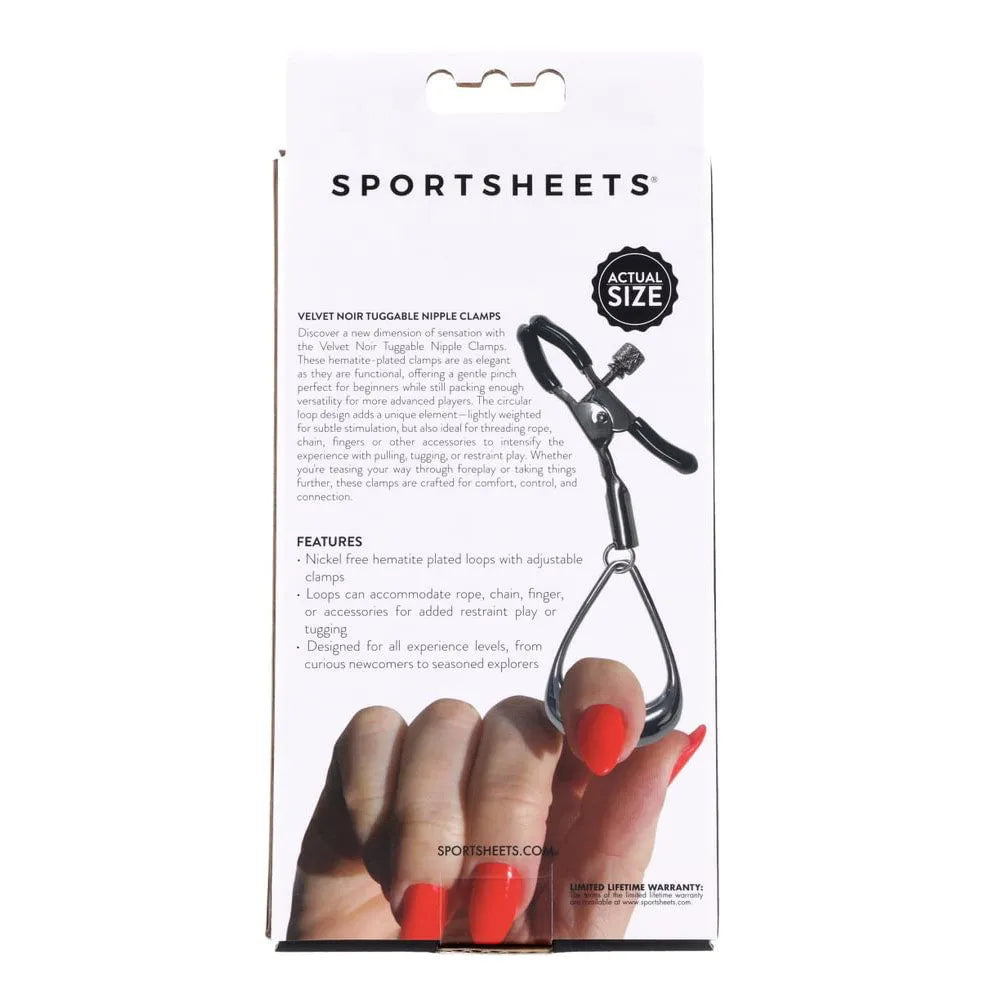 SPORTSHEETS Velvet Noir Tuggable Nipple Clamps - Gunmetal Adjustable Nipple Restraints - Take A Peek