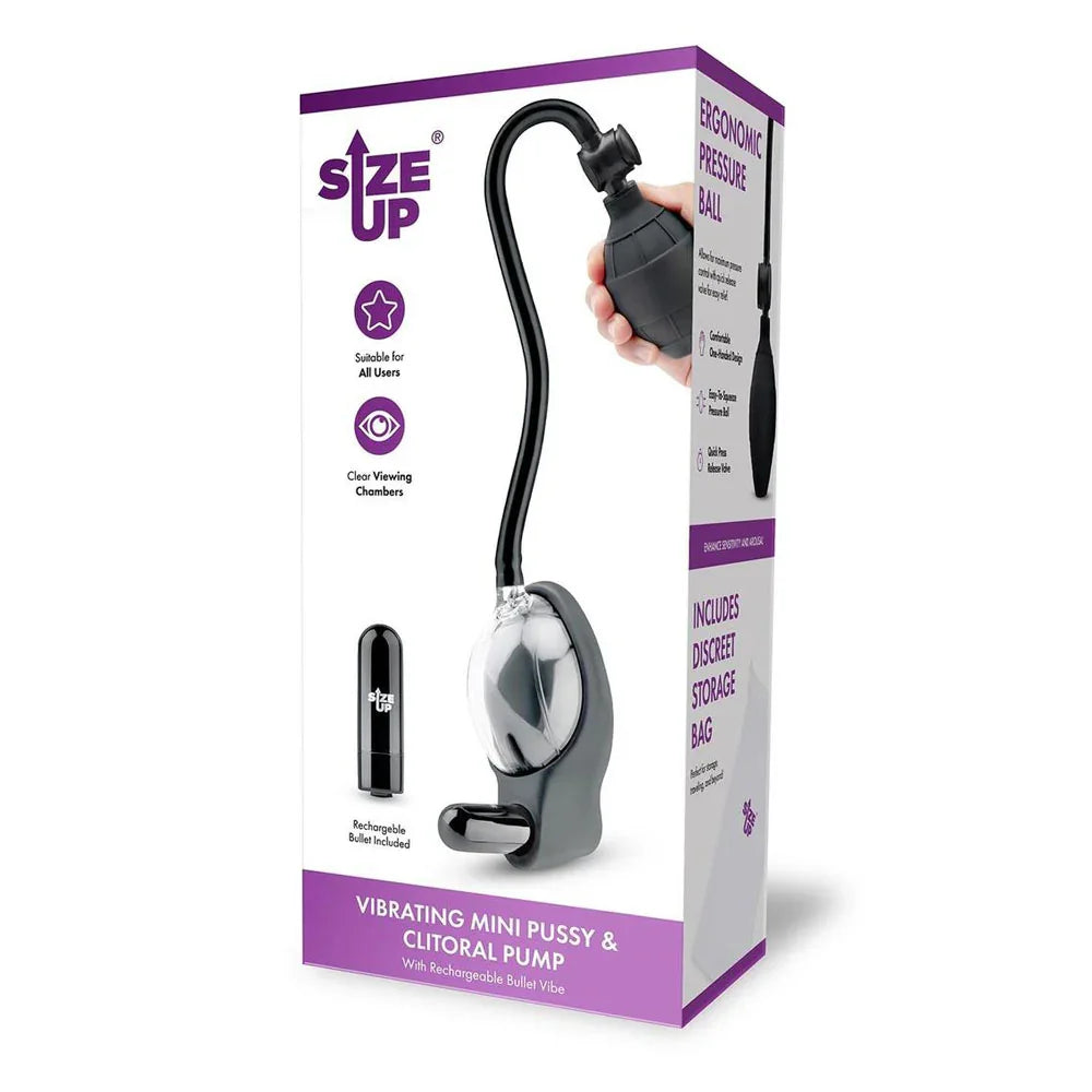 Size Up Vibrating Mini Pussy & Clitoral Pump - USB Rechargeable Vibrating Vaginal and Clitoral Pump - Take A Peek
