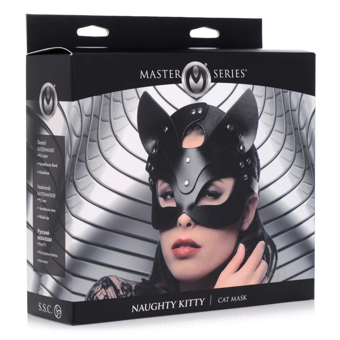Packaging of a black cat mask with 'Master Series' branding on a white background