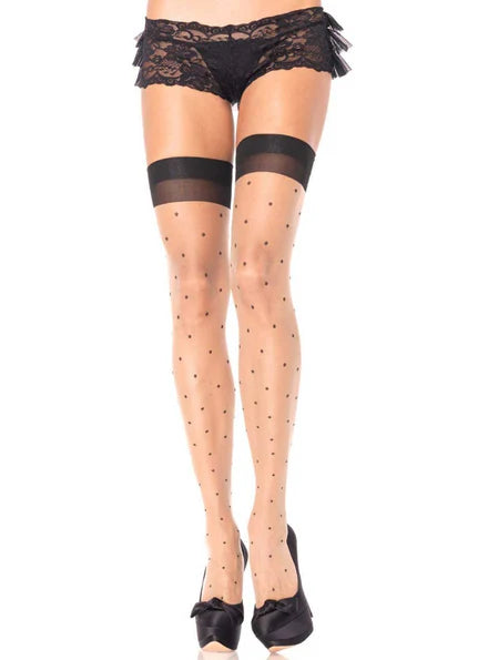 Black lace mini skirt with ruffled trim and matching sheer polka-dot thigh-high stockings, shown on a model against a white background.