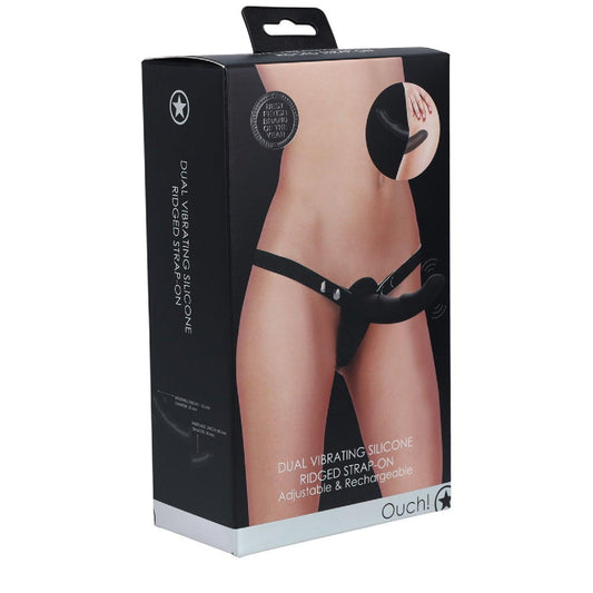 OUCH! Dual Vibrating Silicone Ridged Strap-On - Black - Take A Peek
