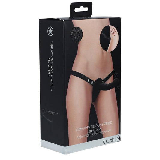 OUCH! Vibrating Silicone Ribbed Strap-On - Black - Take A Peek