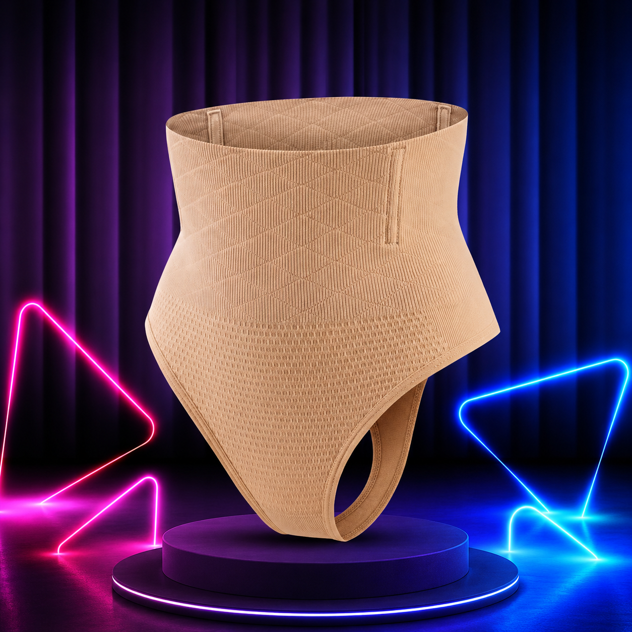 A beige high-waisted compression waist trainer belt with a textured mesh pattern, displayed on a black pedestal against a dark purple curtain background with neon blue and pink light accents.