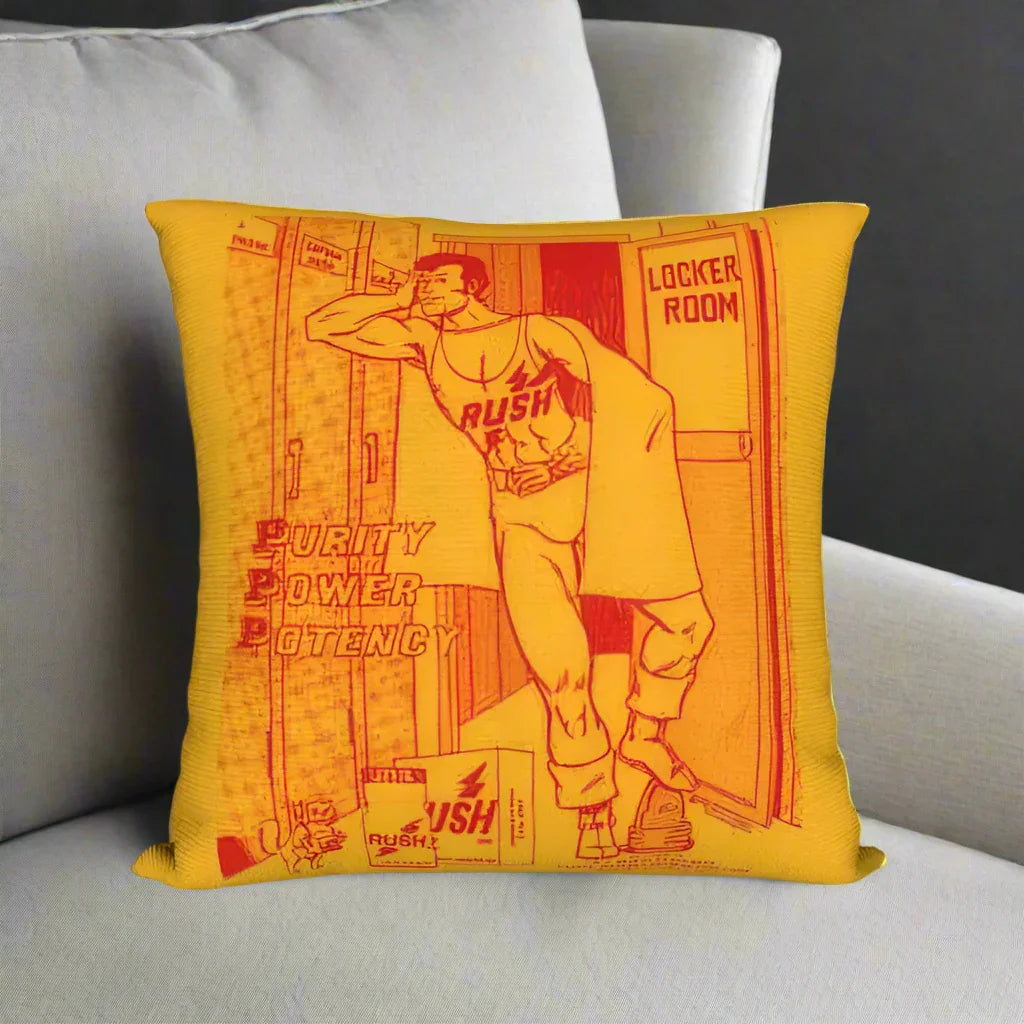 Yellow pillow with red graphic design featuring a person in a locker room setting.