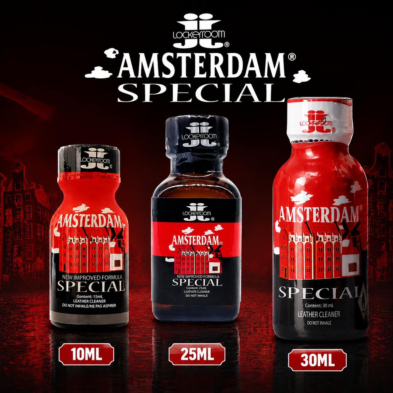 Three Locketroom Amsterdam Special poppers shown in different sizes (10ml, 25ml, and 30ml) against a dark red and black background with the Locketroom brand logo and Amsterdam skyline graphic.