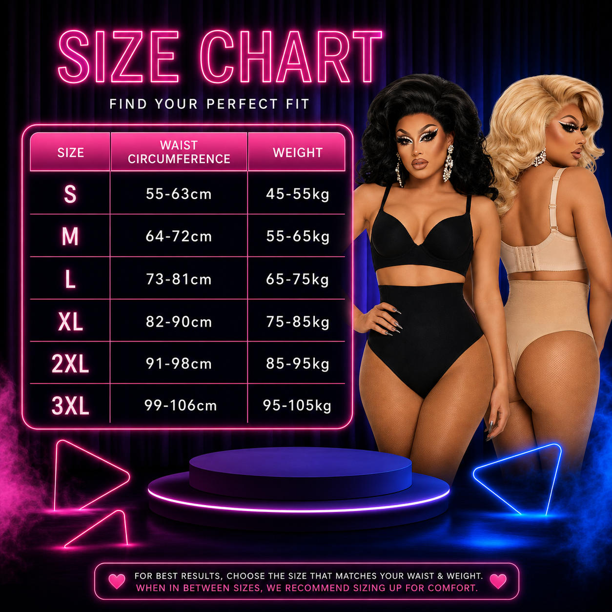 A neon-style size chart graphic with a table listing sizes S through 3XL, waist circumference ranges, and weights. Two women in lingerie stand beside the table against a dark blue and purple background with pink and blue neon accents.