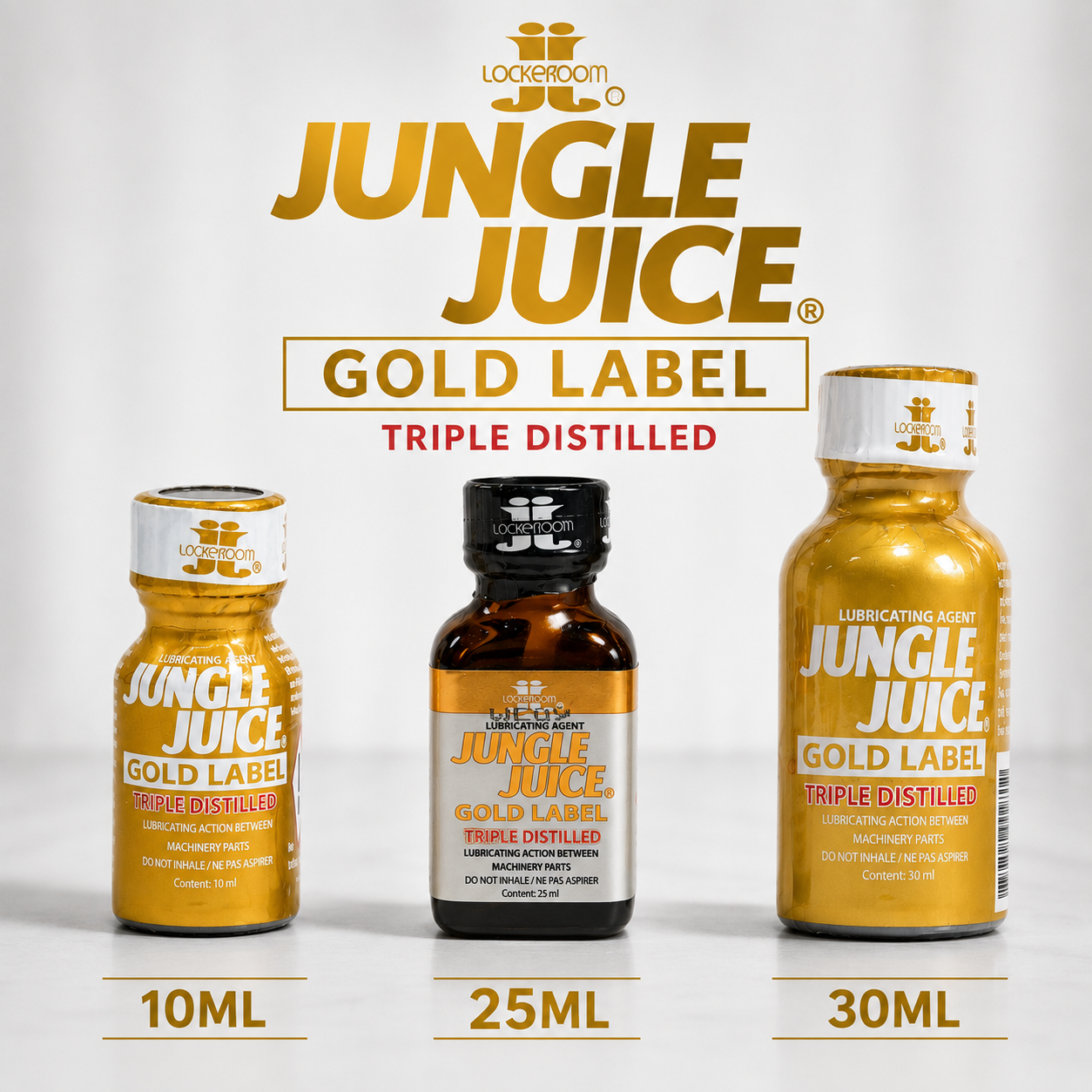 Three small Jungle Juice Gold Label Triple Distilled spray bottles shown in 10ML, 25ML, and 30ML sizes on a light gray background with large Jungle Juice branding above.