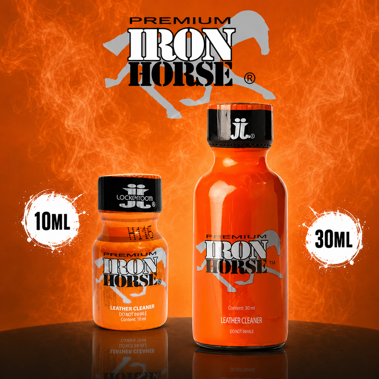 Two bottles of Iron Horse Leather Cleaner in orange liquid, shown in 10ml and 30ml sizes against an orange background with the Iron Horse logo.