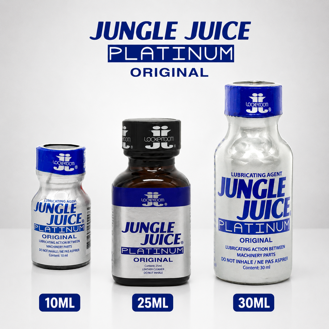 Three bottles of Lococo Jungle Juice Platinum Original lubricating agent shown in 10ml, 25ml, and 30ml sizes against a light gray background with text labels.