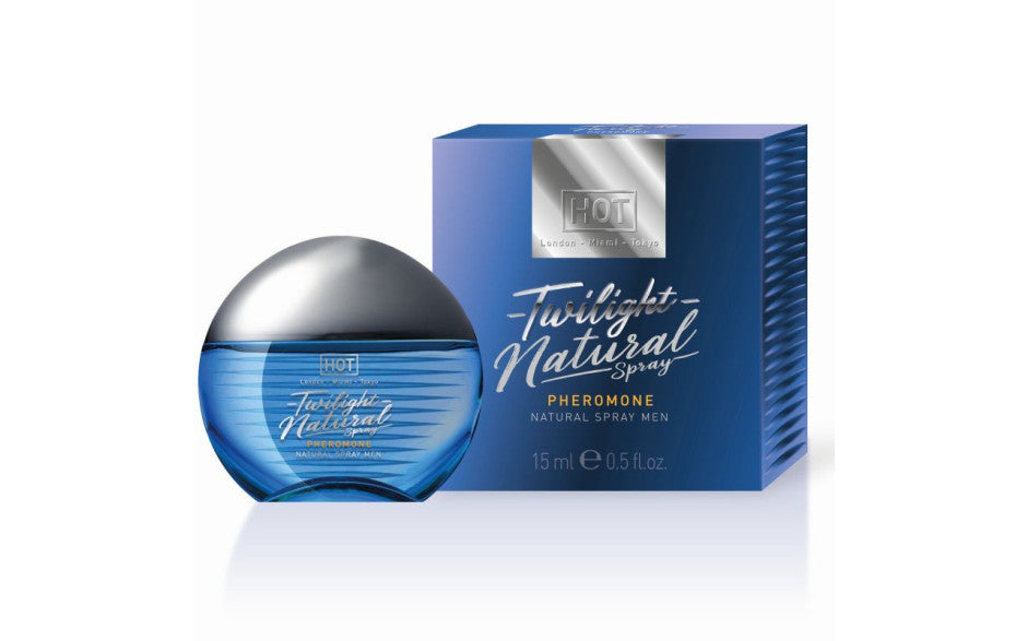 A bottle of Twilight Natural Spray Pheromone next to its blue packaging box, featuring a metallic silver cap and blue body, on a white background with a soft reflection.