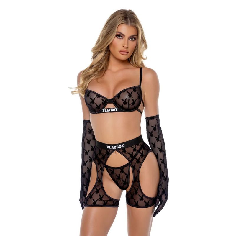 Playboy Flocked Bunny Chaps 3 Pc Set  Black