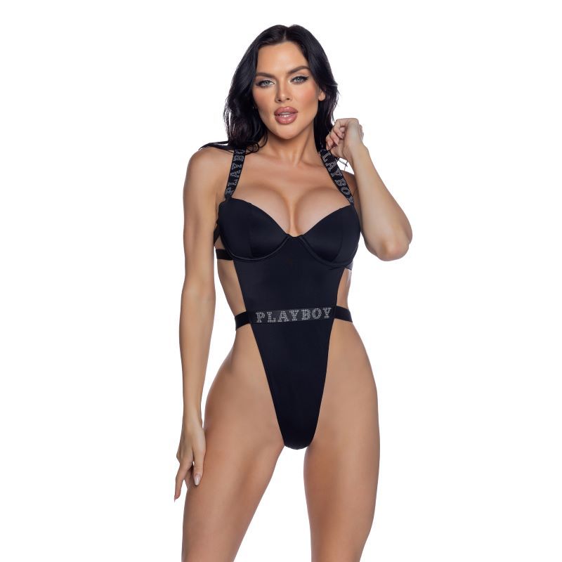 PlayBoy Black High-Leg 1 Pc Swimsuit with Rhinestone Logo