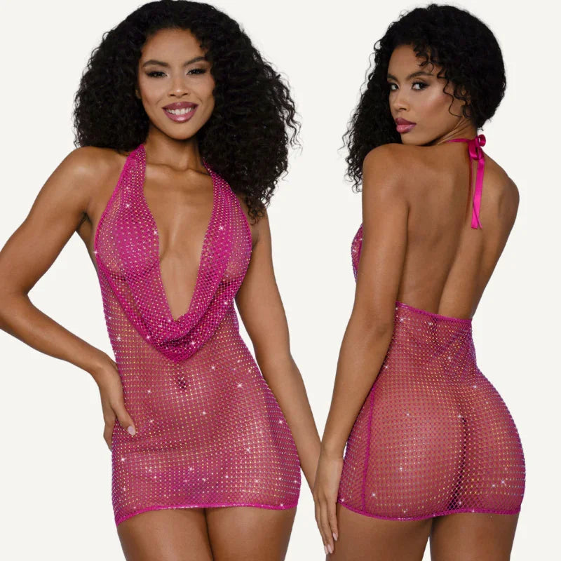 DreamGirl Rhinestone Cowl Neck Mini Dress Pink - Take A Peek