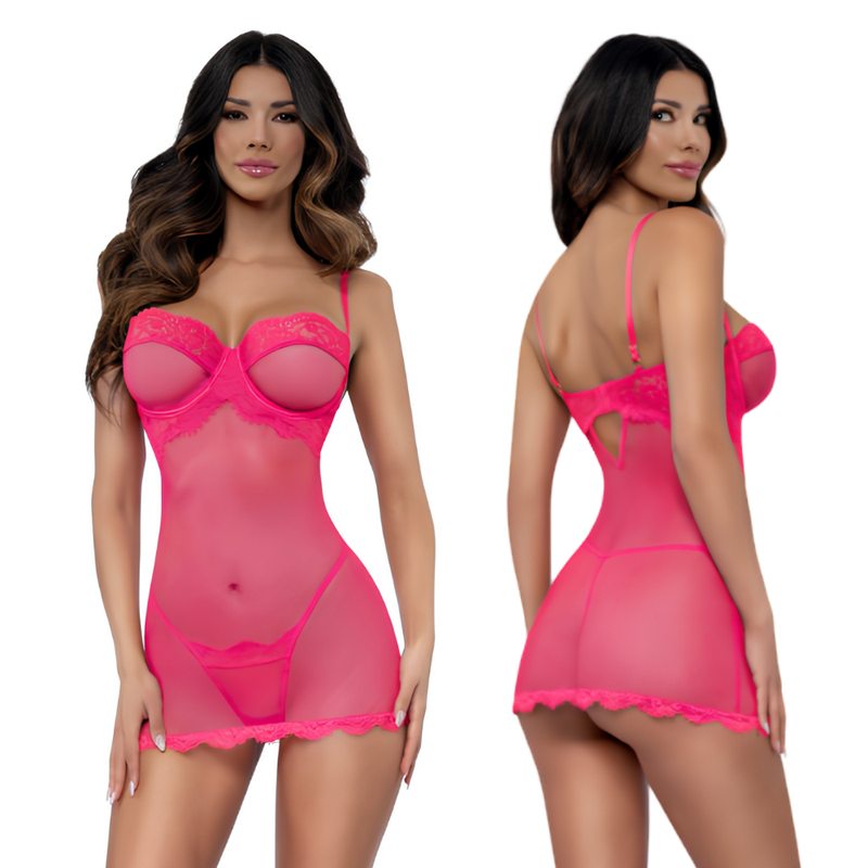 DreamGirl Electric Pink Chemise Thong 2 Pc Set