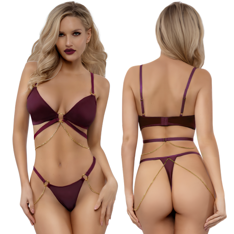 DreamGirl Cadena Burgundy Chain Bra Thong 2 Pc